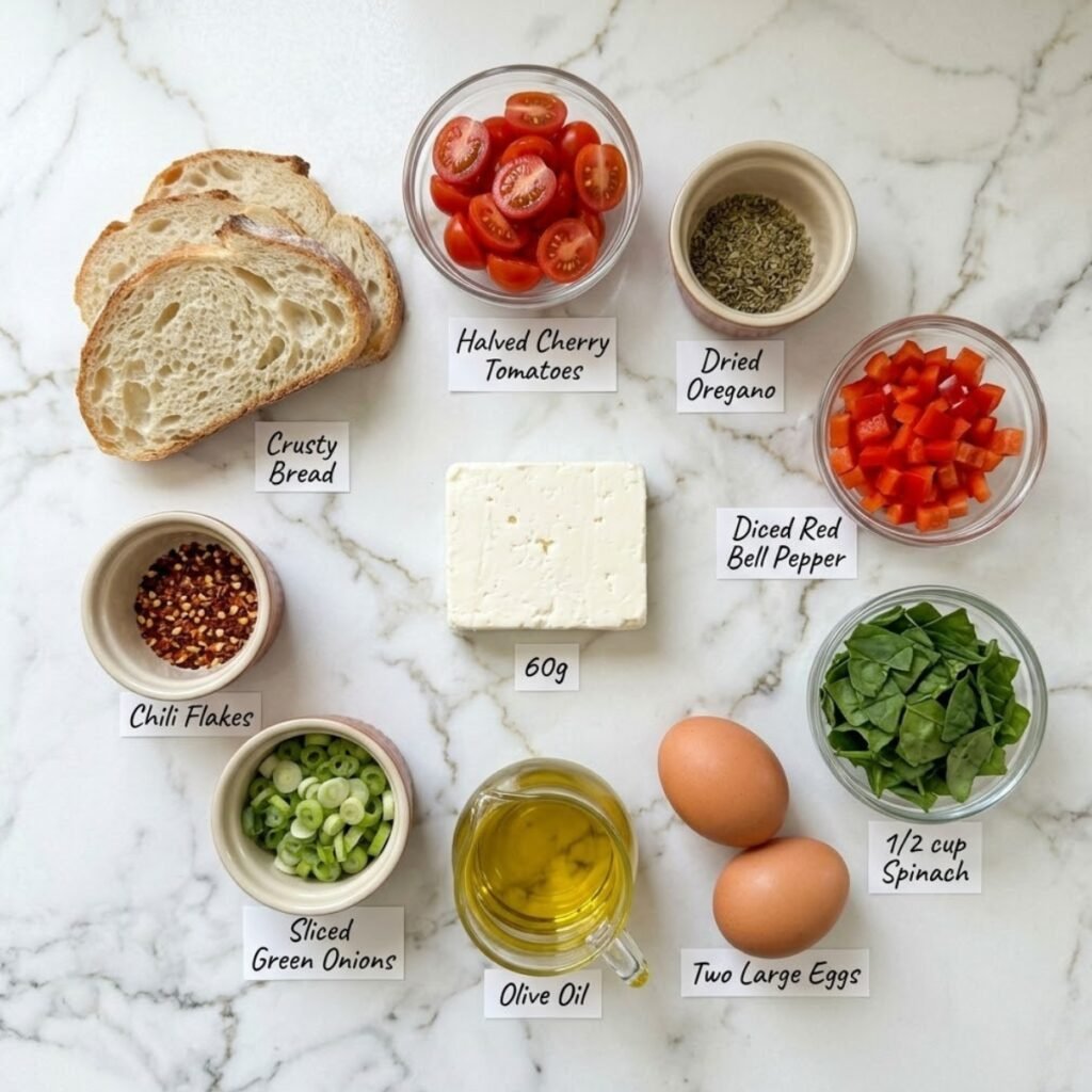 A professional mise en place shot showcasing the fresh vegetables, feta cheese, and large eggs needed to create this simple, oven-baked Mediterranean breakfast.