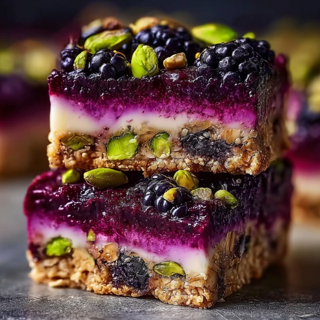 Close-up of two stacked blackberry pistachio dream bars revealing beautiful distinct layers — a chunky oat and pistachio base crust, a creamy white filling layer, a vibrant deep magenta blackberry layer, and a glossy dark blackberry compote top studded with whole fresh blackberries and bright green pistachio nuts, on a dark gray stone surface with a warm bokeh background.