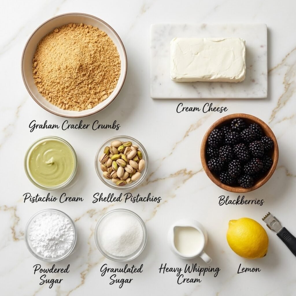 A professional mise en place shot showcasing the vibrant berries, nutty pistachios, and creamy filling components needed to build these multi-layered dream bars.