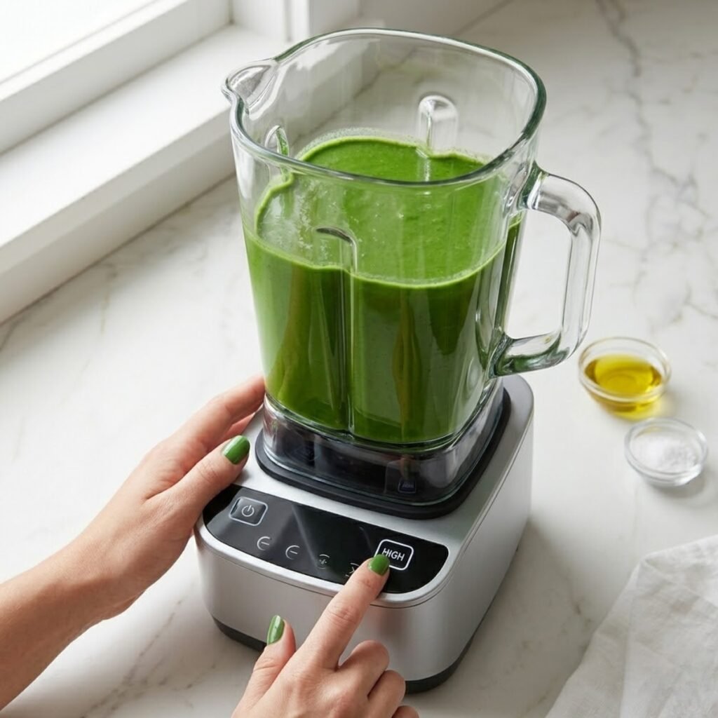 Instructional close-up showing the essential first step of blending spinach into a smooth liquid to ensure a consistent green color in the tortilla dough.