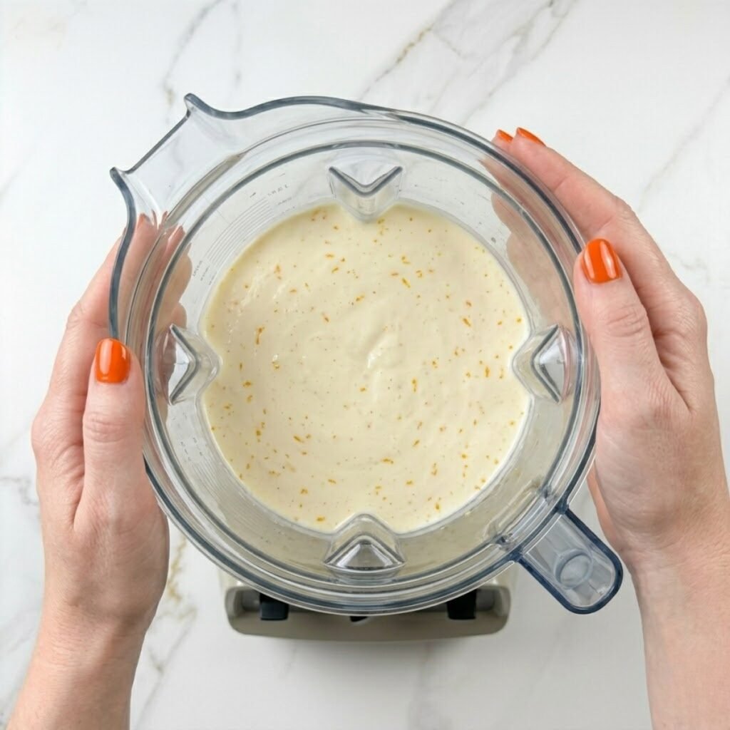 A vibrant shot of the blended creamsicle shake base, showcasing the rich, pale ivory color and smooth consistency.