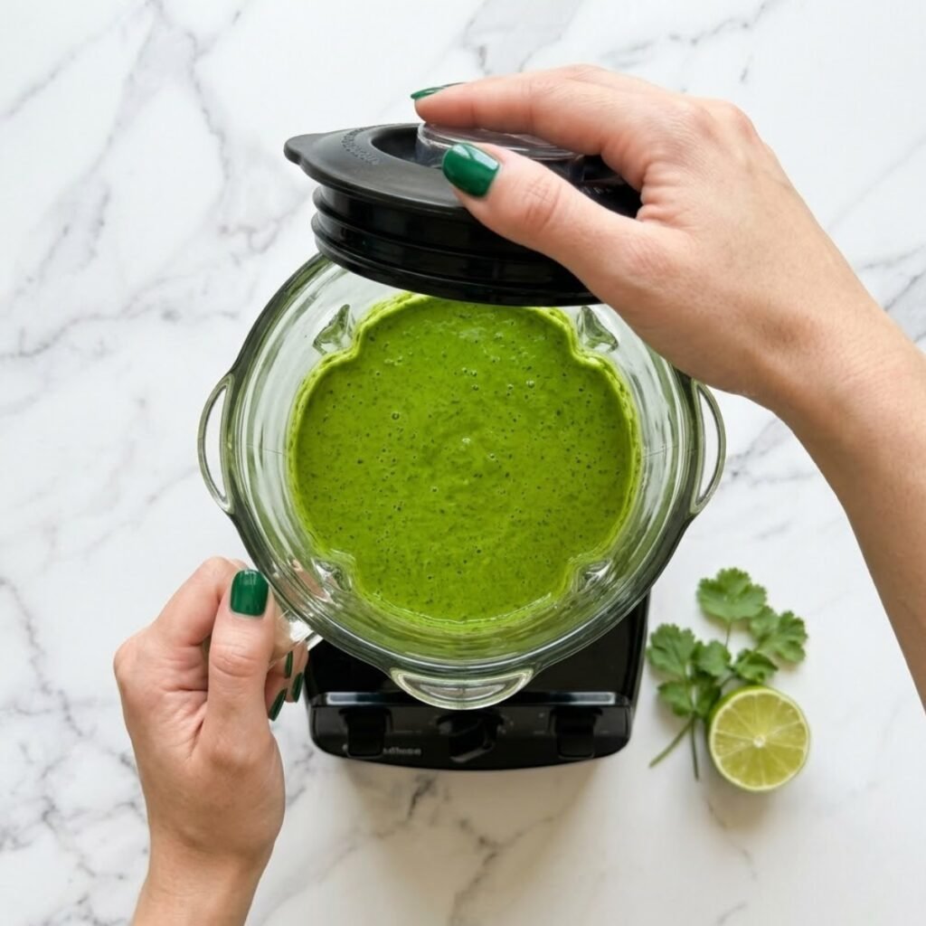 A detailed shot illustrating the final smooth, creamy texture and brilliant green color of the Peruvian Aji Verde sauce.