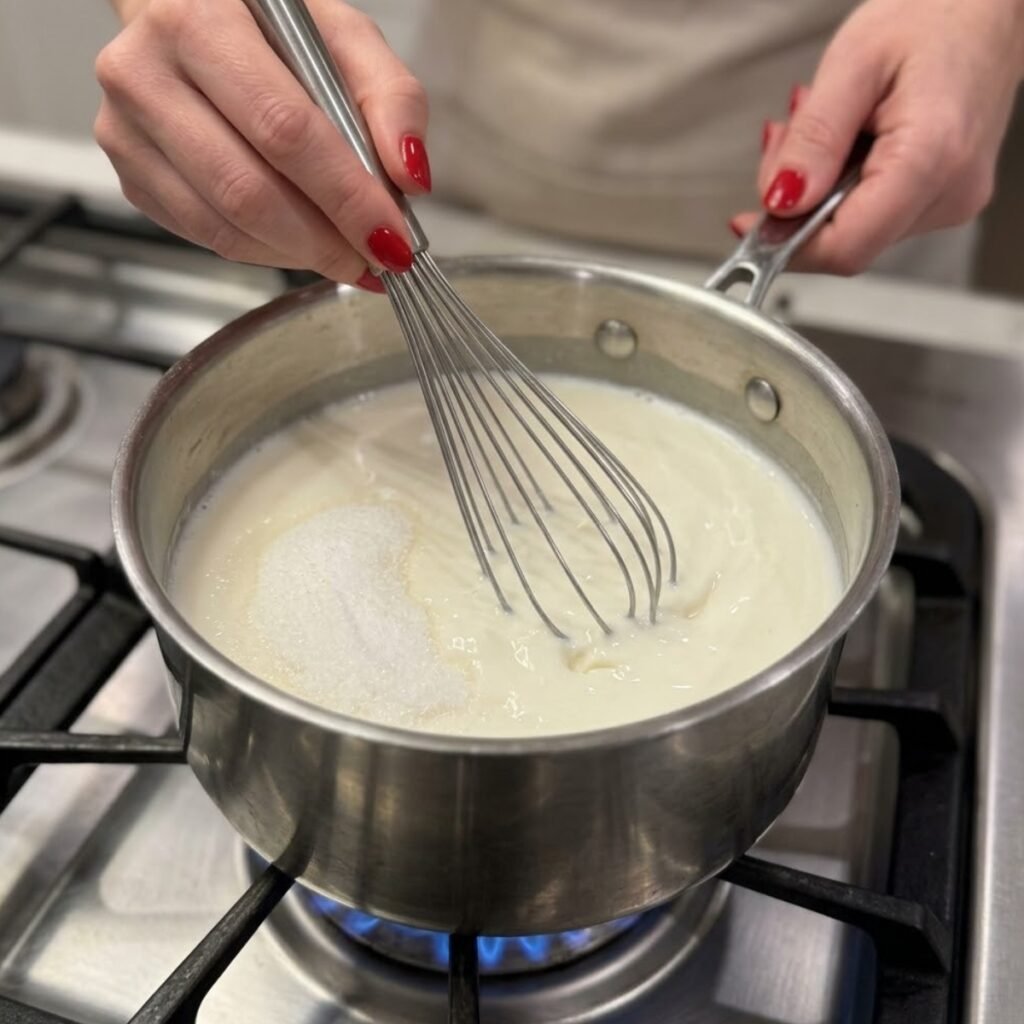 Close up of hands with classic red nails whisking milk and sugar in a saucepan over a gas stove.