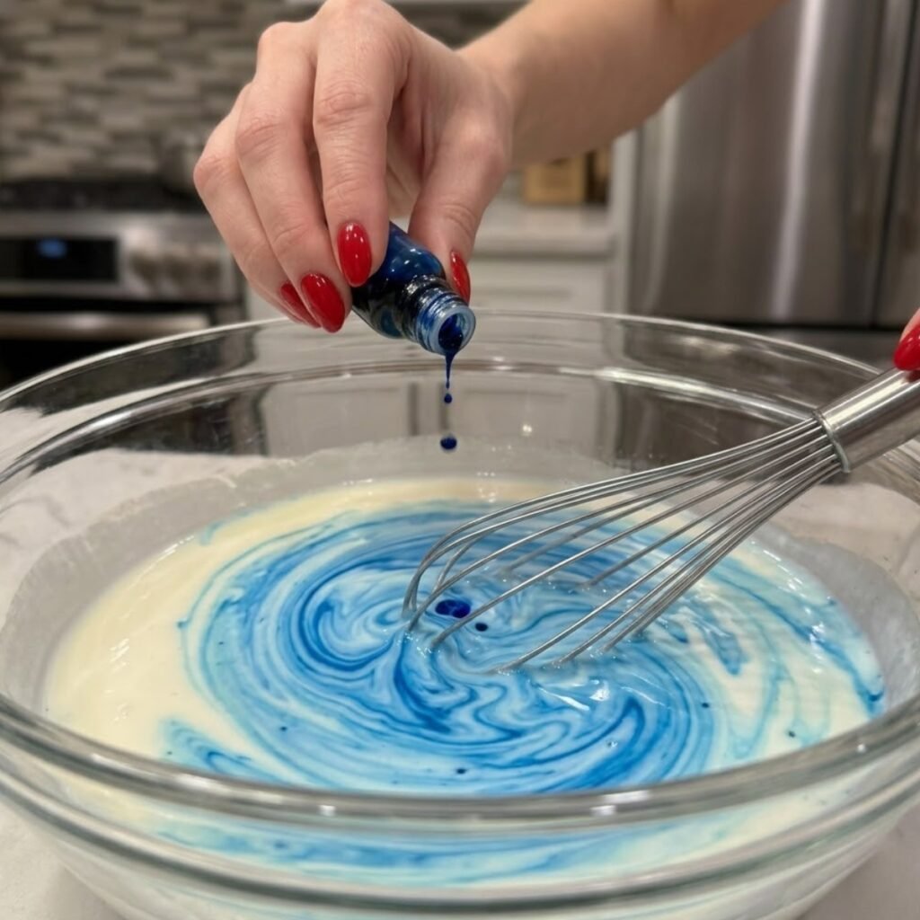 Close up of a hand adding blue food coloring into a white ice cream cream base while whisking in a glass bowl.