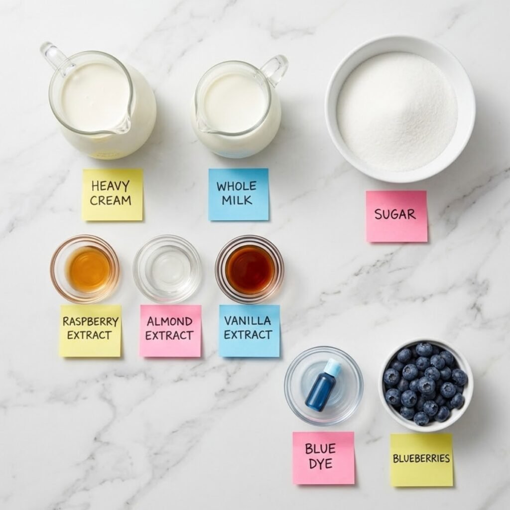 Top down flat lay of ice cream ingredients including heavy cream, milk, sugar, extracts, and blue food coloring in bowls on a marble counter with sticky notes.