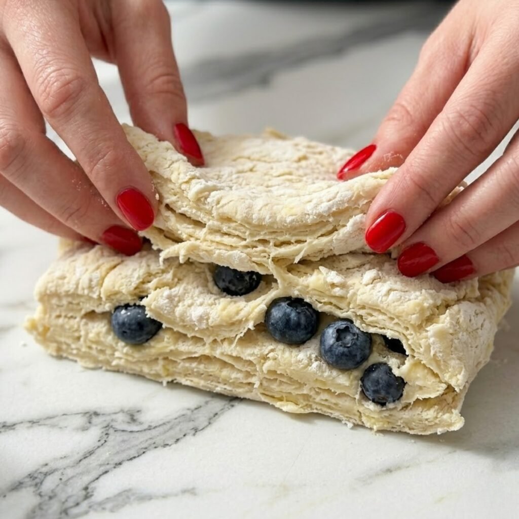 Close up of hands folding layered biscuit dough studded with whole fresh blueberries on a marble counter.
