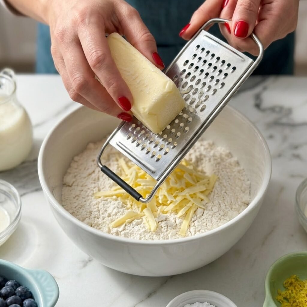 Close up of hands with classic red nails grating frozen butter into a bowl of flour using a box grater.
