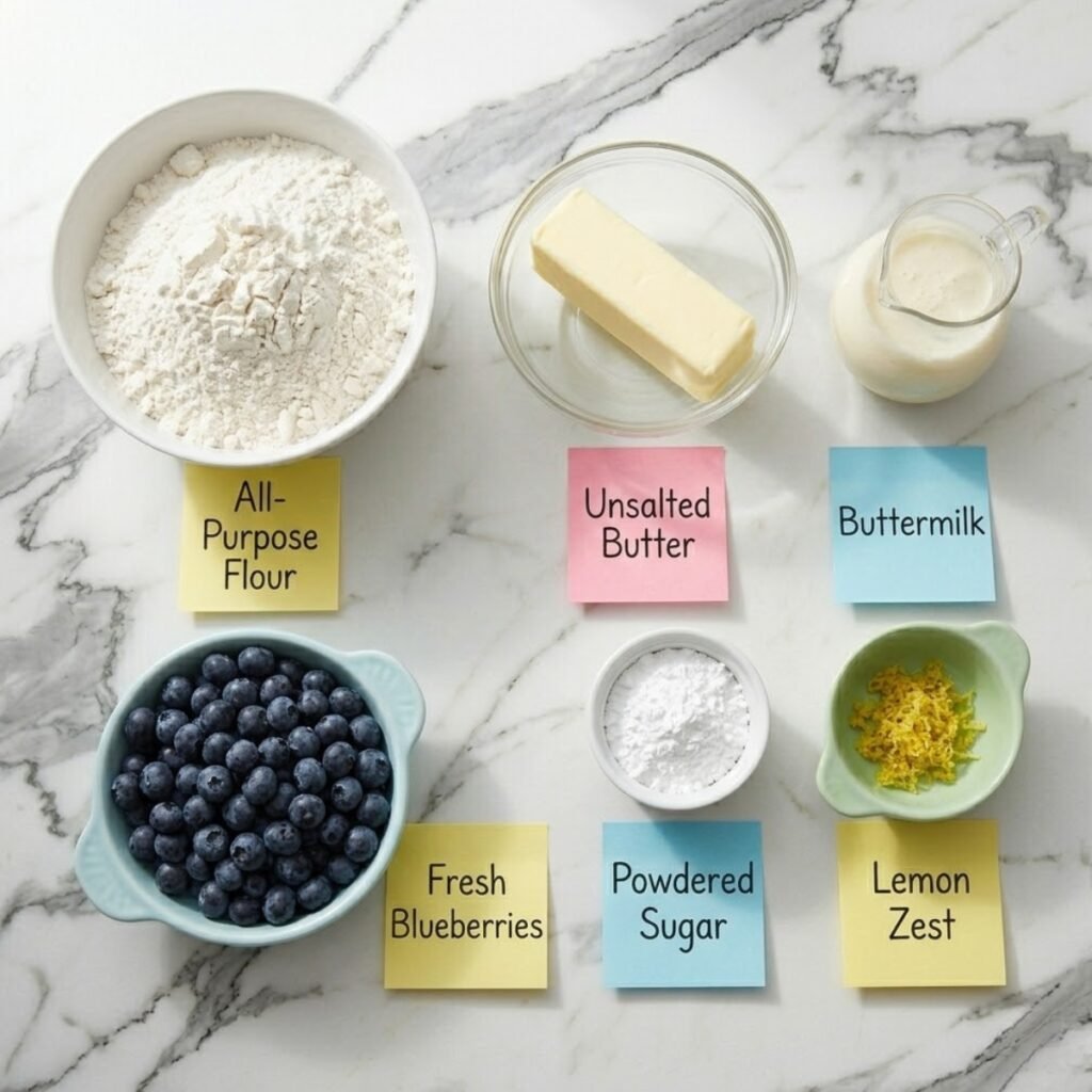 Top down flat lay of baking ingredients including flour, cold butter, fresh blueberries, and buttermilk in bowls on a marble counter with sticky note labels.
