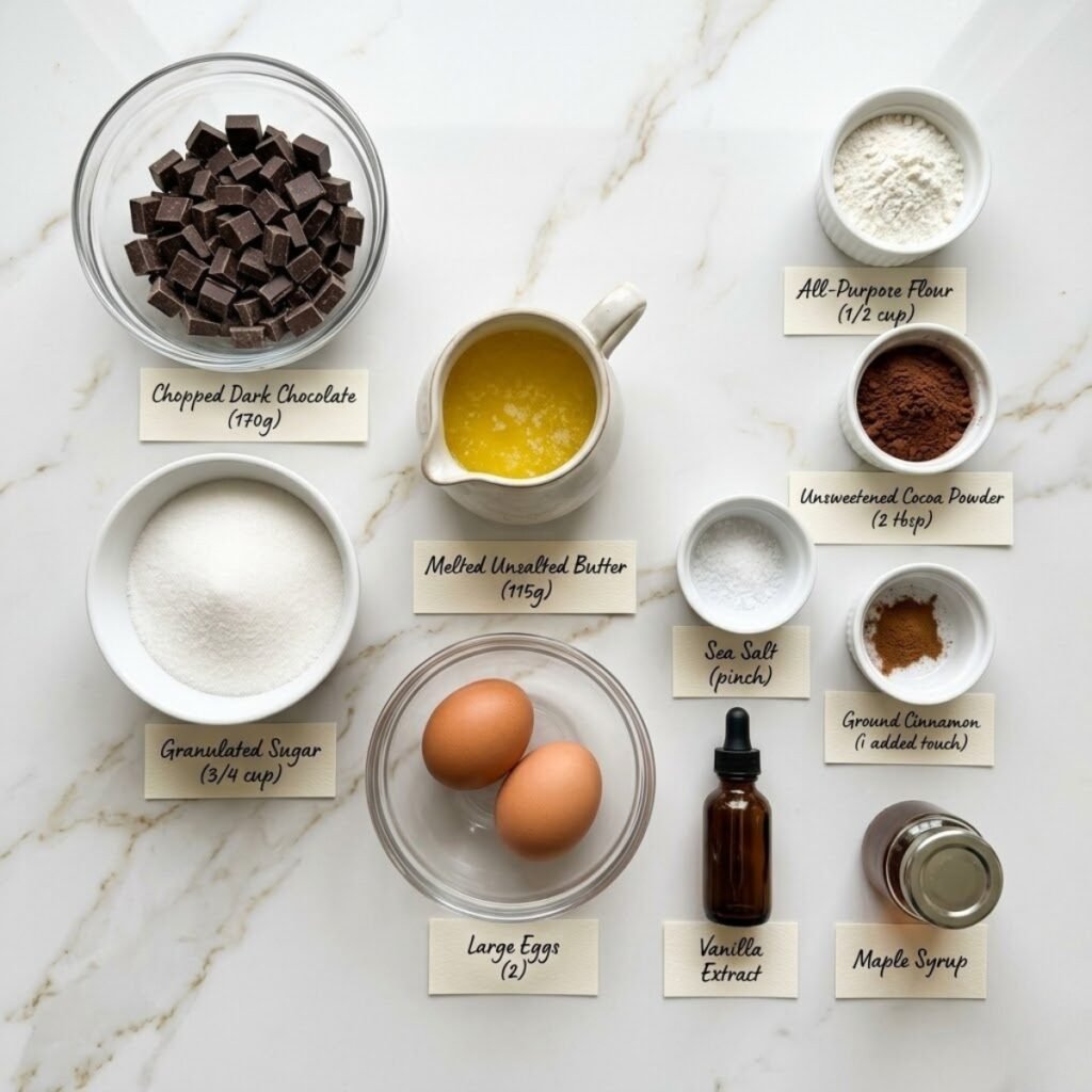 A professional mise en place shot showcasing the rich chocolate and pantry staples required to create dense, fudgy brownie waffles.
