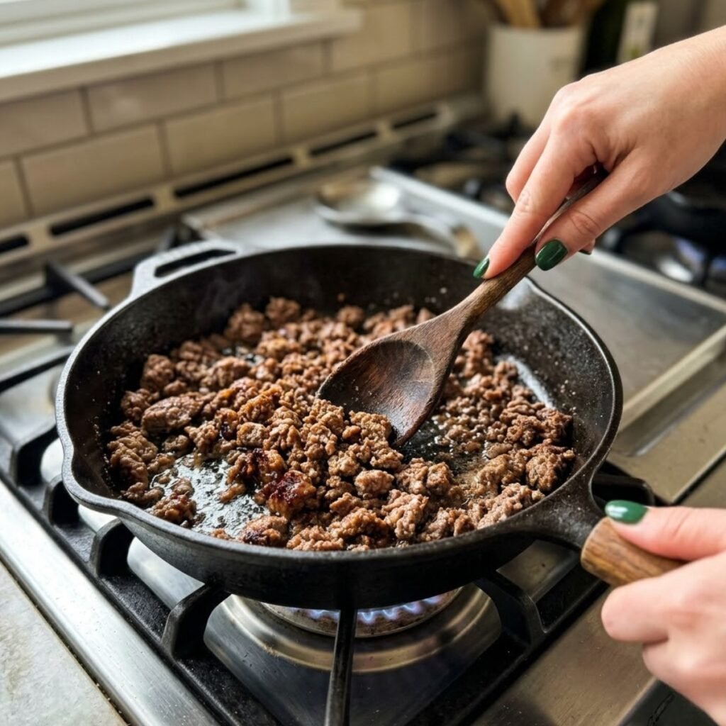Instructional close-up showing the process of browning ground beef into medium crumbles to achieve a flavorful, dark crust.