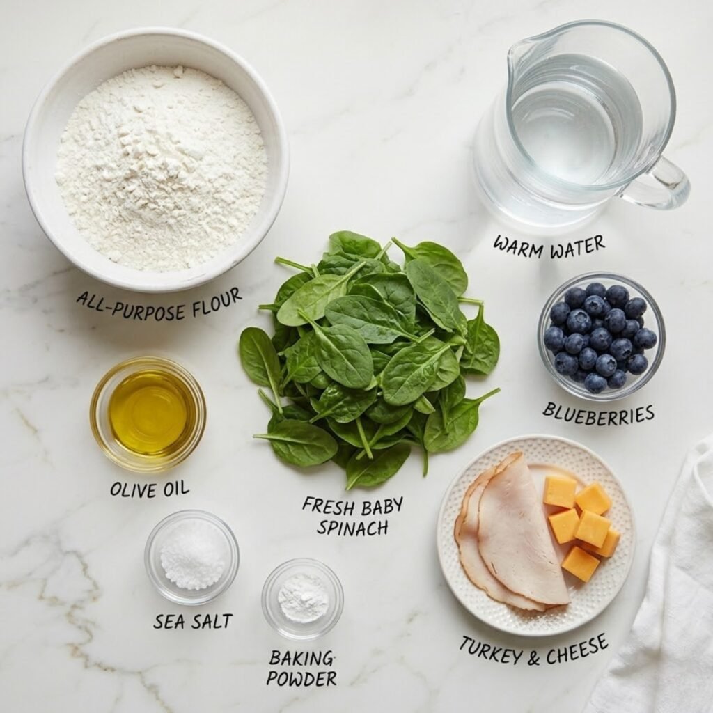 A professional mise en place shot showcasing the fresh baby spinach, flour, and olive oil needed to create soft, vibrant green homemade tortillas.