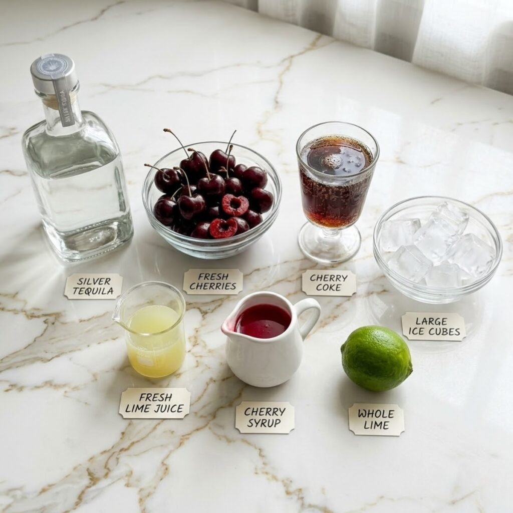 A professional mise en place shot showcasing the fresh fruit, tequila, and cola needed to craft a unique and flavorful Cherry Coke Margarita.