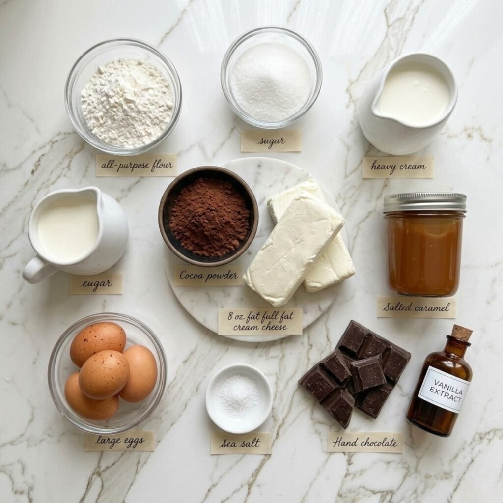 A professional mise en place shot showcasing the rich cocoa, cream cheese, and salted caramel needed to build these decadent three-layer cheesecake bites.