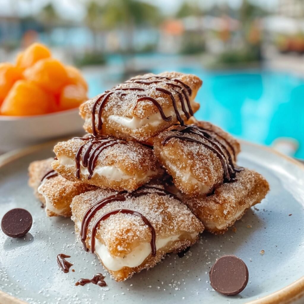 A stack of golden cinnamon-sugar coated churro toffee squares filled with white cream and drizzled with dark chocolate, served on a plate with chocolate chips scattered around, and a blurred poolside background.