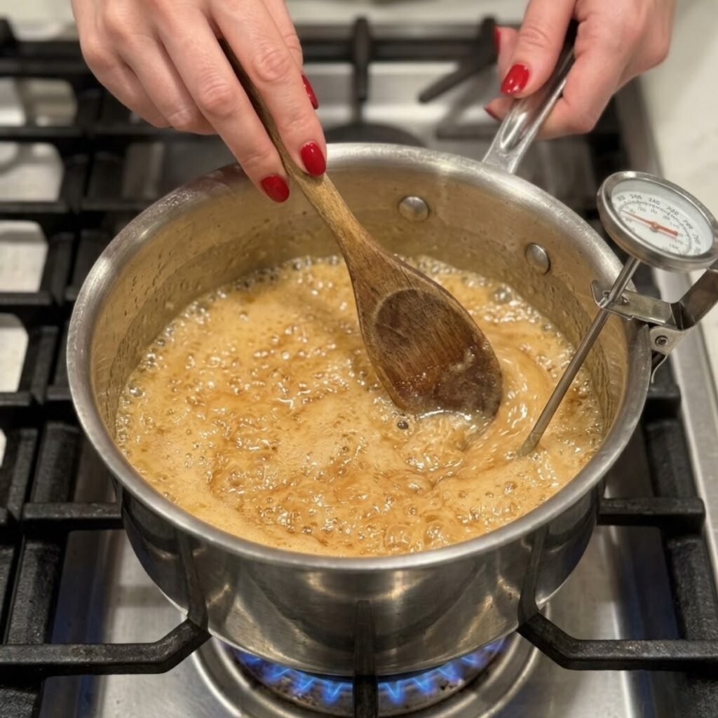 Close up of hands with classic red nails stirring a bubbling amber butter and sugar mixture in a saucepan on a gas stove.