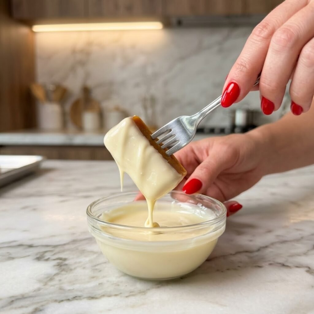 Close up of a hand dipping a hard toffee bar into a bowl of smooth melted white chocolate.