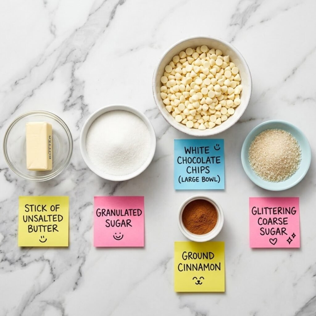 Top down flat lay of toffee ingredients including butter, sugar, white chocolate, and cinnamon sugar in bowls on a marble counter with sticky notes.