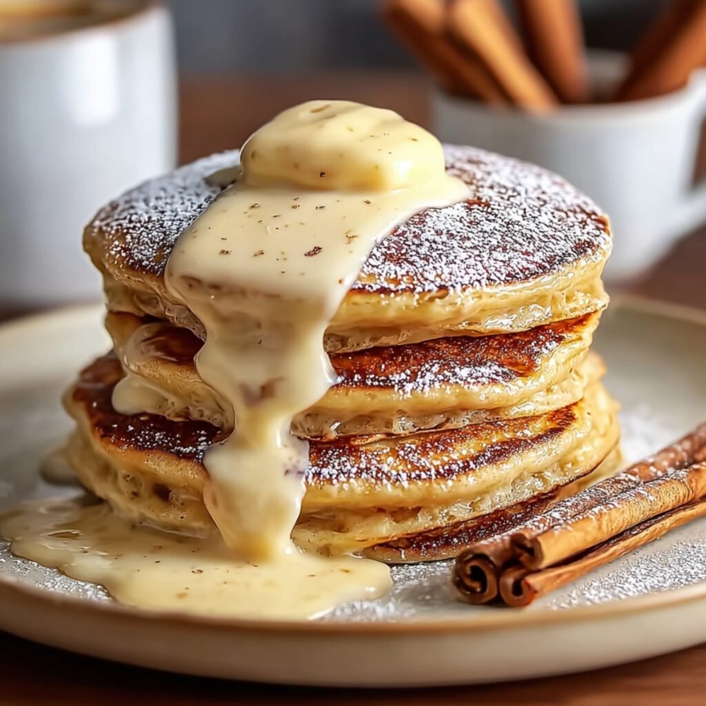 A tall stack of golden cinnamon roll pancakes on a cream ceramic plate, dusted with powdered sugar and dramatically drizzled with a thick cascading cream cheese glaze pooling onto the plate, garnished with two cinnamon sticks alongside, with white mugs and a cup of cinnamon sticks softly blurred in the warm background.
