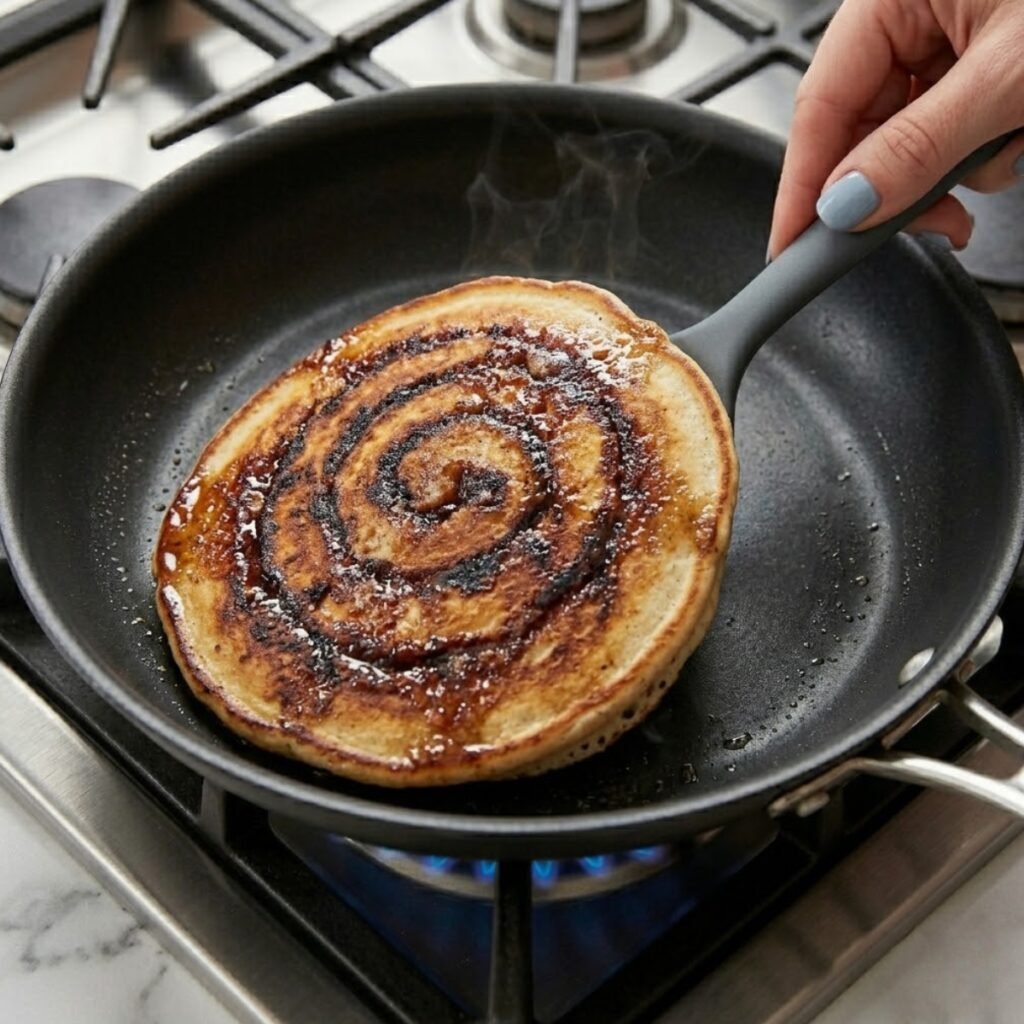 Close up of a spatula flipping a pancake to reveal a caramelized cinnamon swirl on a gas stove.