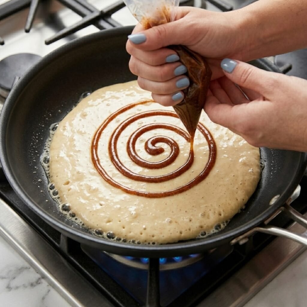 Close up of hands with fog blue nails piping a cinnamon sugar spiral onto a pancake in a skillet.