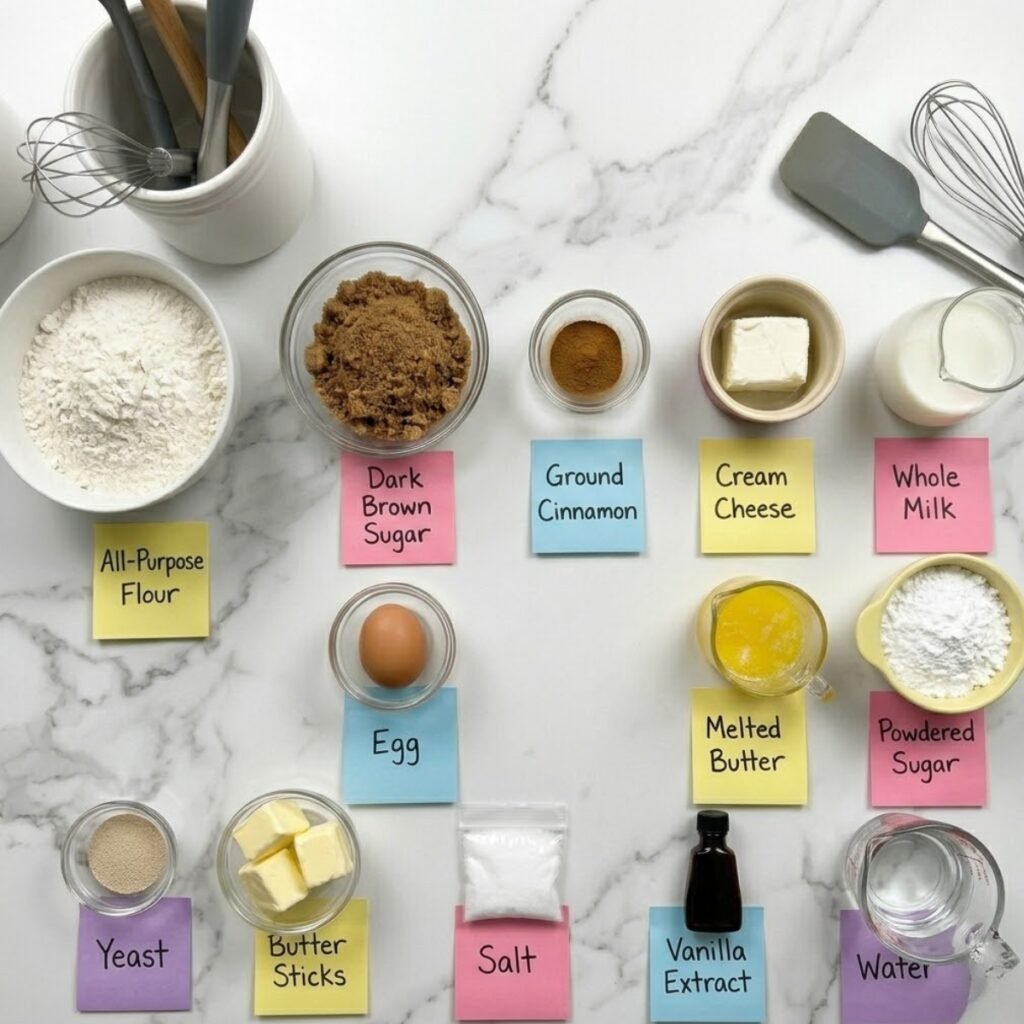 Top down flat lay of pancake ingredients including flour, brown sugar, cinnamon, and cream cheese on a marble counter with labels.
