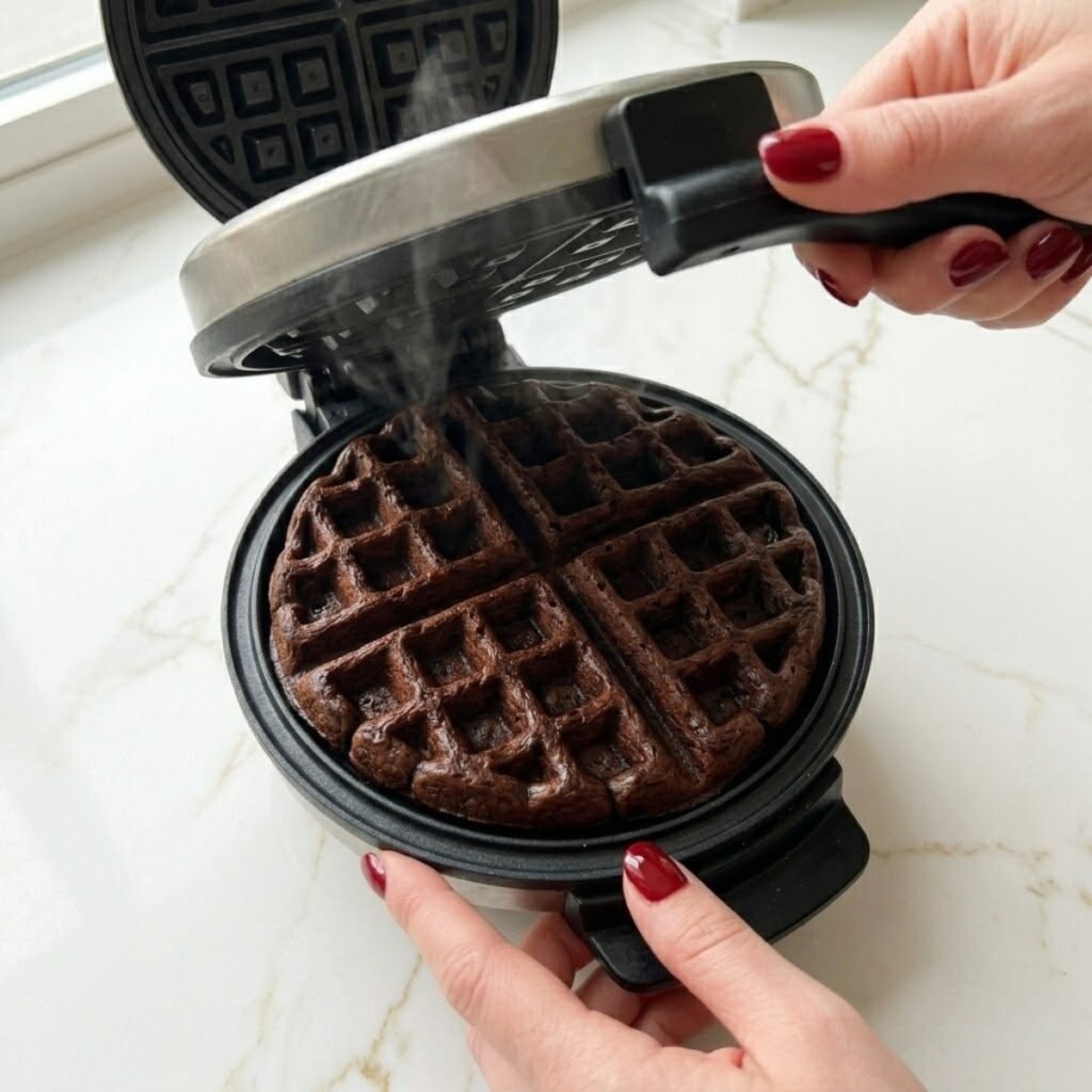 Illustrating the cooking phase where the dense brownie batter is transformed into a crisp-edged waffle with a soft, fudgy interior.