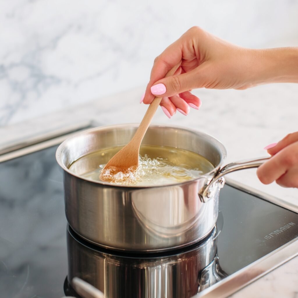 An instructional close-up showing the process of dissolving sugar into water to create the essential simple syrup base for sorbet.