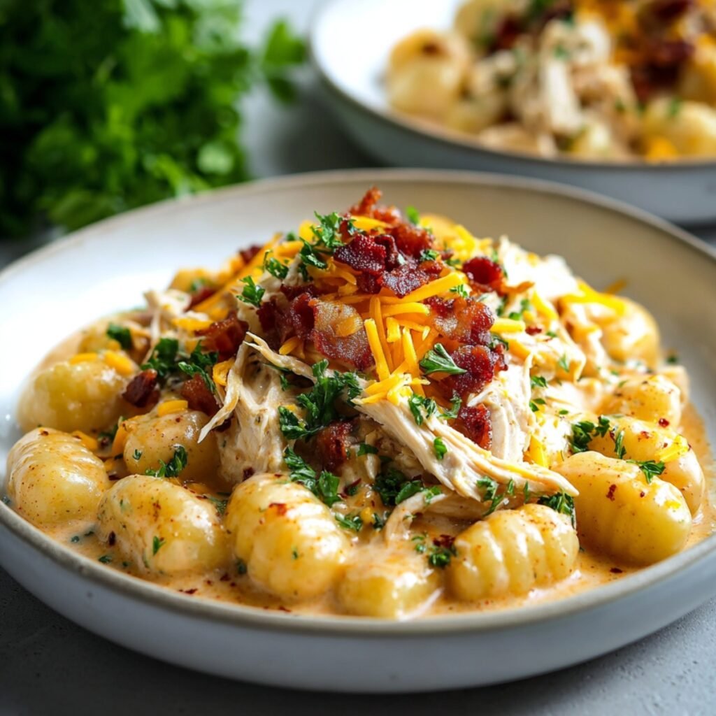 A white ceramic bowl filled with pillowy potato gnocchi bathed in a creamy ranch-seasoned sauce, topped with a generous mound of shredded chicken, crispy bacon crumbles, shredded cheddar cheese, and chopped fresh parsley, with a second serving and fresh parsley bunch softly blurred in the background on a gray surface.