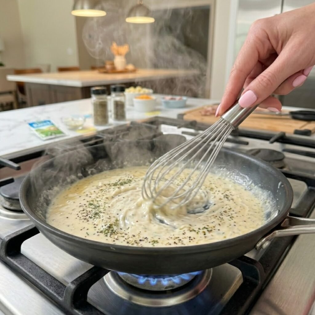 Close up of a whisk stirring a thick cream cheese and ranch sauce in a pan with steam rising.