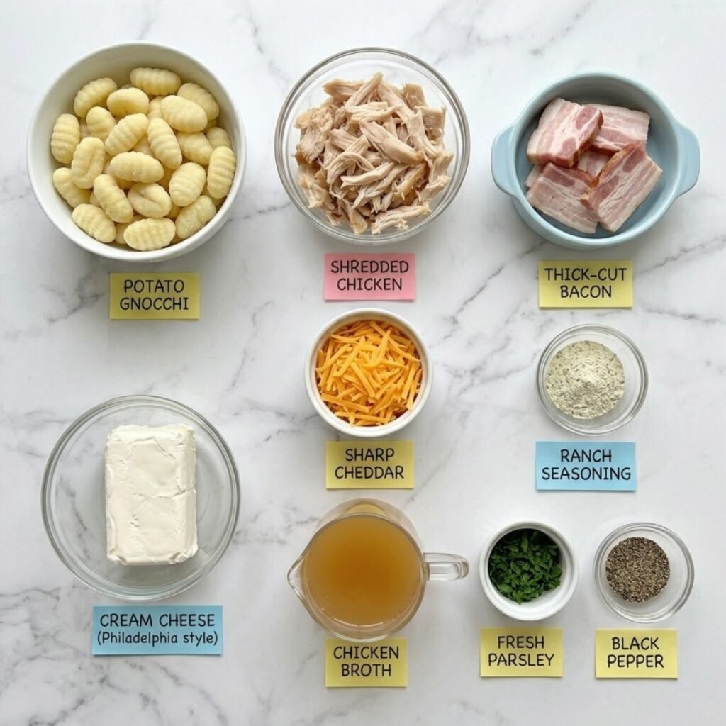 A top down flat lay of gnocchi, shredded chicken, bacon, and cheeses in various bowls on a marble counter with labels.