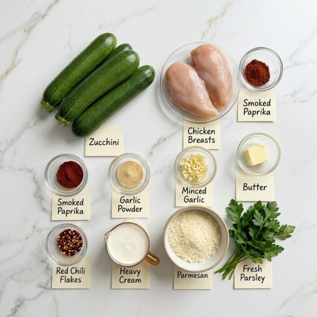 A professional mise en place shot showcasing the fresh zucchini, chicken, and rich cream sauce components needed for this lighter Alfredo dish.