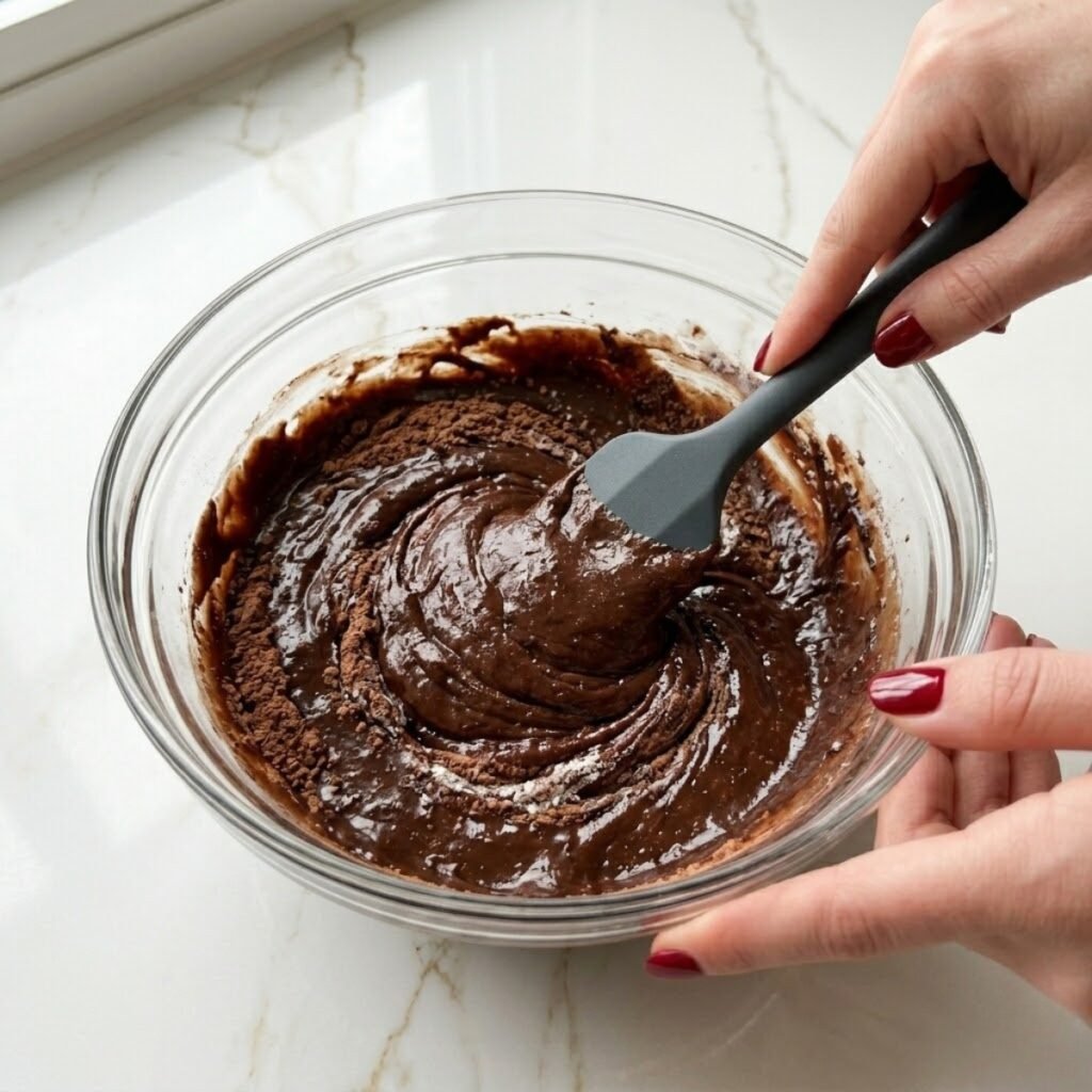 A detailed shot of the brownie waffle batter being mixed, emphasizing the dense and fudgy consistency that distinguishes it from regular waffle batter.