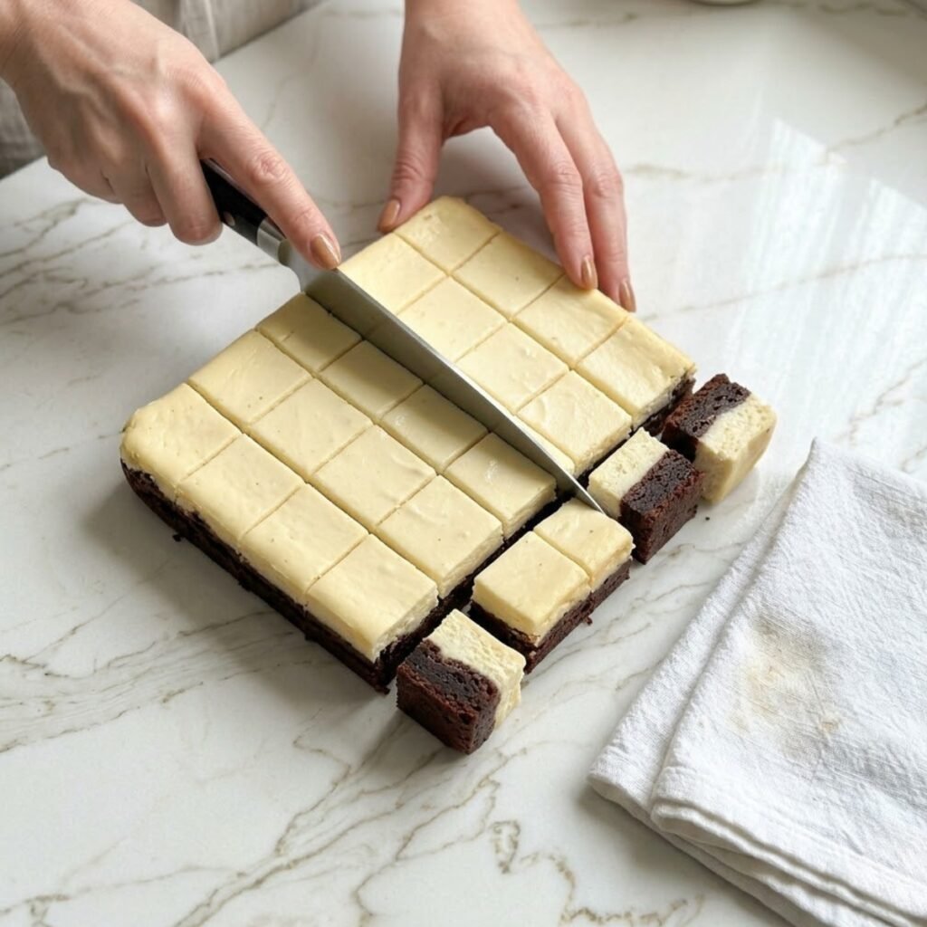 A detailed shot illustrating the technique of using a hot, wiped knife to cut chilled cheesecake into perfect bites with distinct, un-smudged layers.
