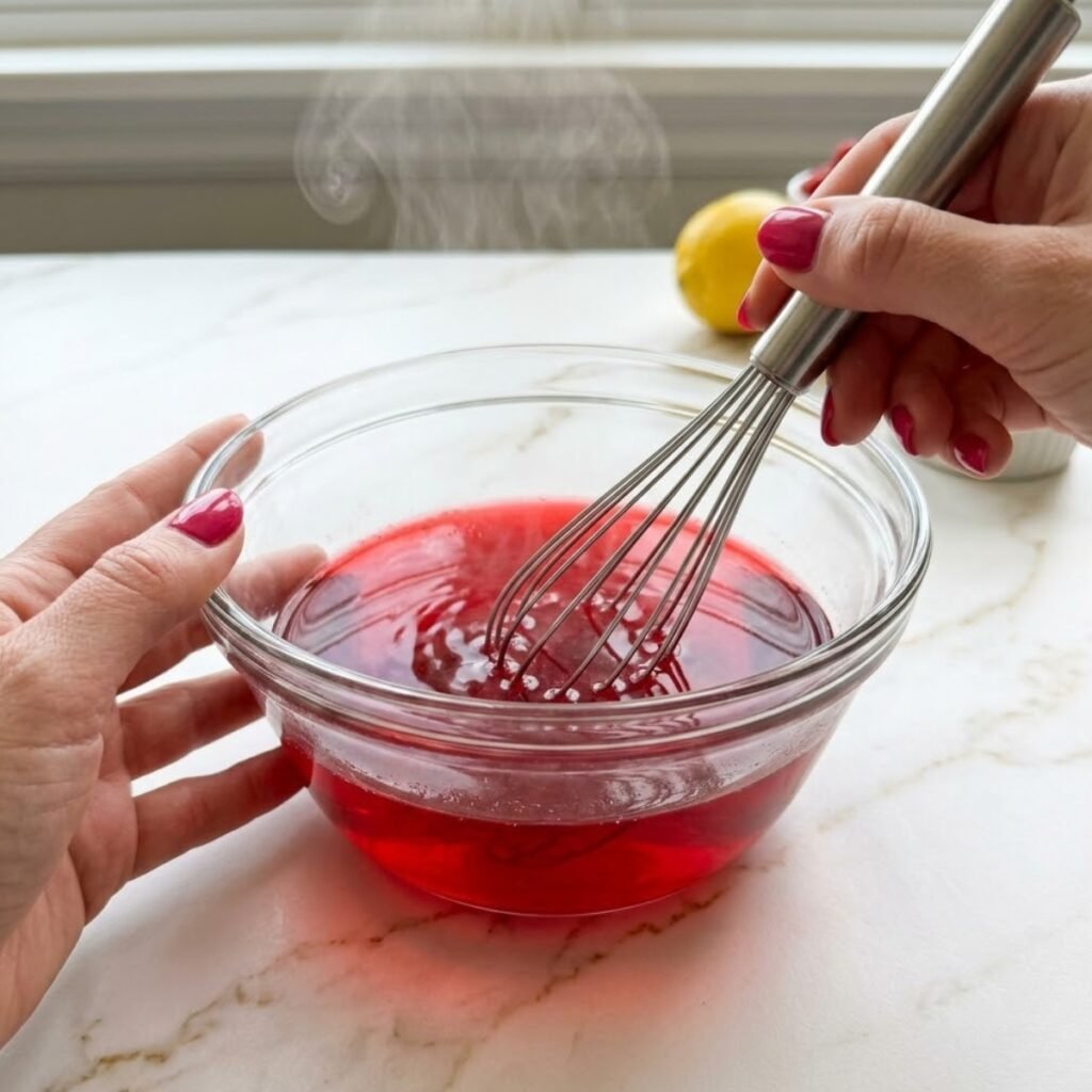 Instructional close-up showing the essential first step of fully dissolving jello powder to ensure a smooth, grit-free mousse texture.