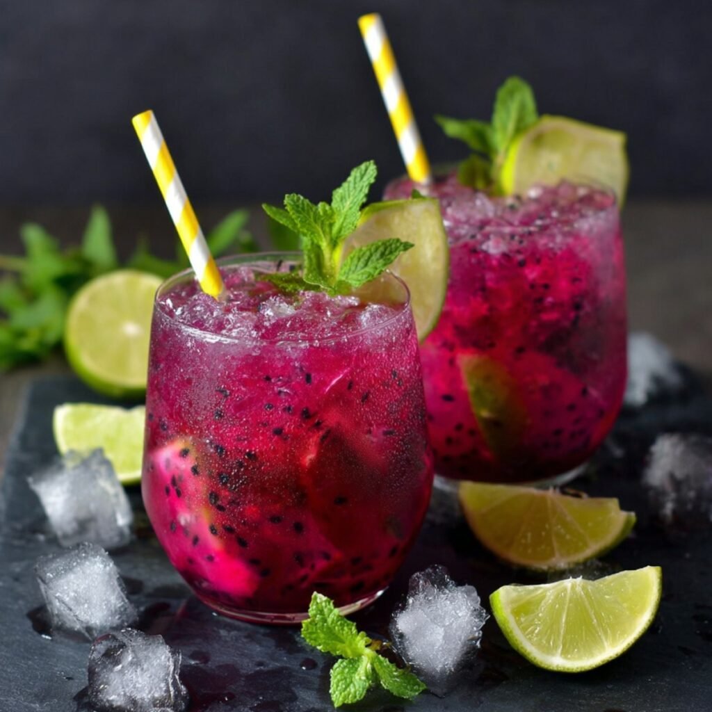 Two stemless glasses filled with vibrant magenta dragon fruit mojitos packed with crushed ice and chunks of pink dragon fruit with visible black seeds, each garnished with a lime wedge, fresh mint sprig, and yellow and white striped paper straw, arranged on a dark slate board surrounded by scattered ice cubes, lime wedges, and fresh mint leaves against a dark background.