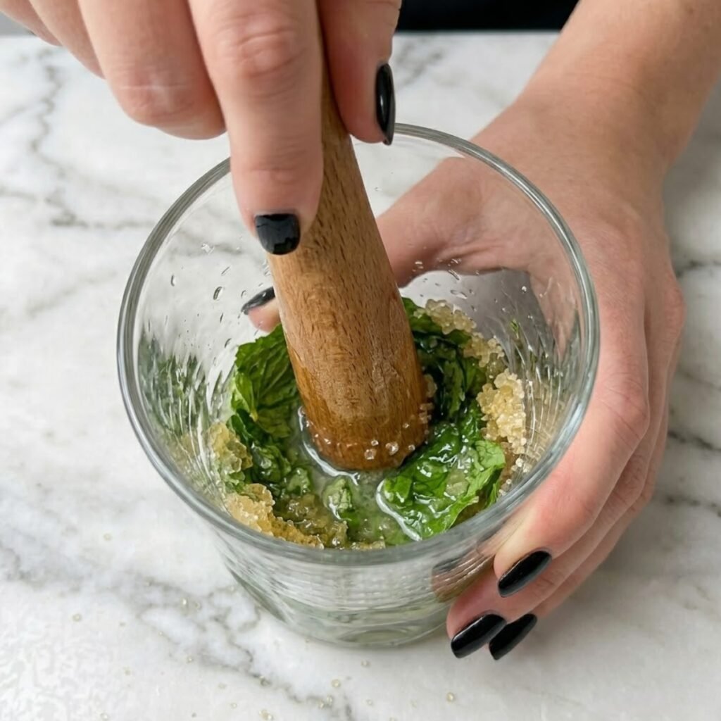 Close up of hands with black nails using a wooden muddler to crush fresh mint and sugar in a glass.