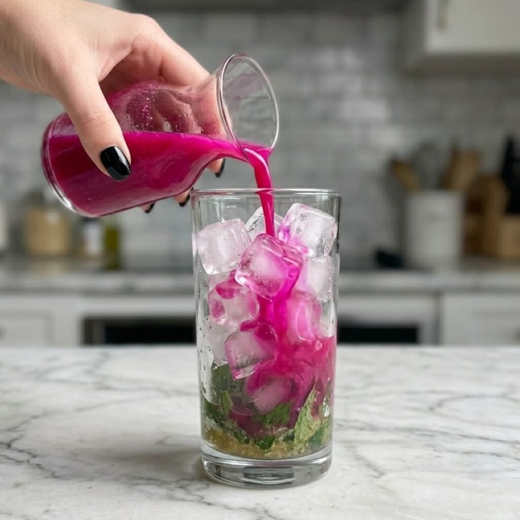 Close up of shocking pink dragon fruit juice being poured over ice cubes in a glass with muddled mint.