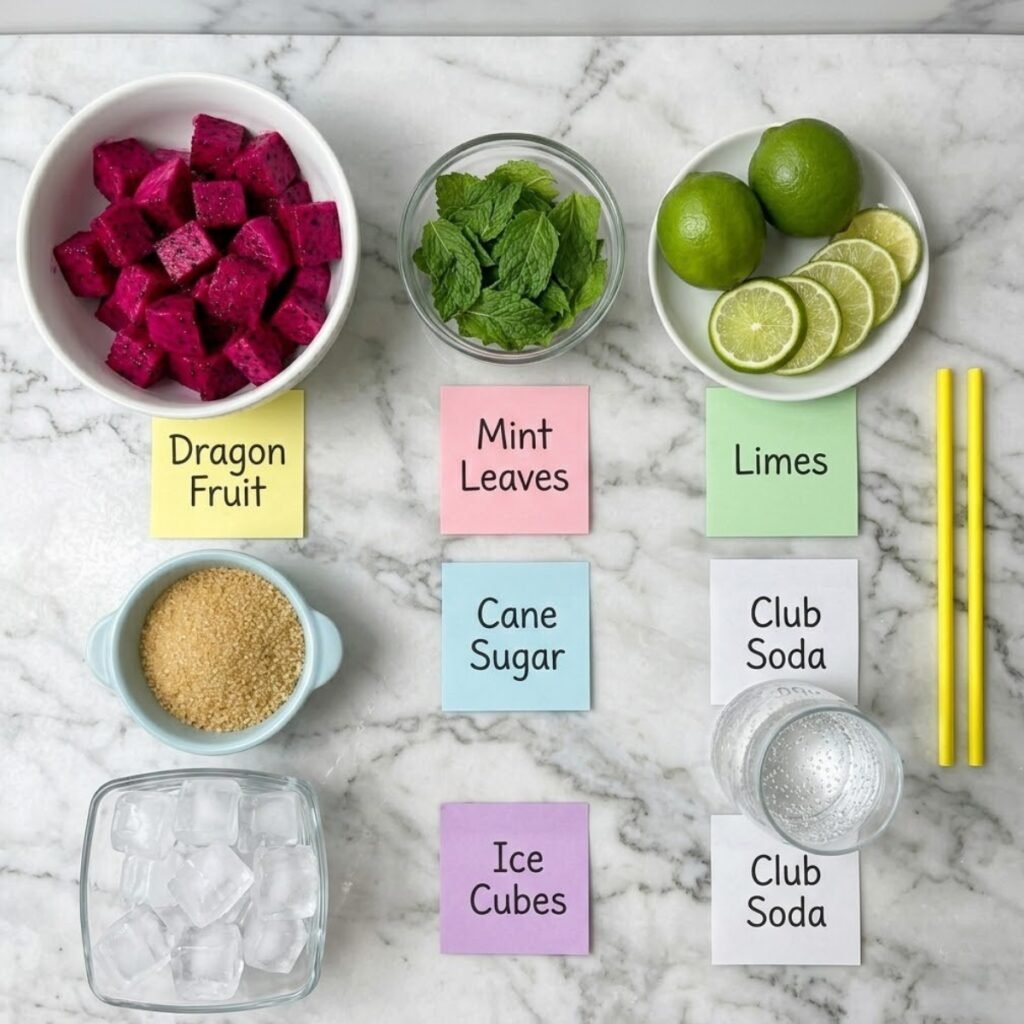 Top down flat lay of mojito ingredients including red dragon fruit, mint, limes, and club soda on a marble counter with handwritten sticky notes.