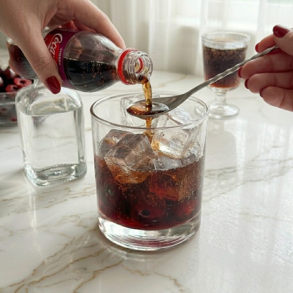 Showcasing the delicate technique of pouring Cherry Coke over a bar spoon to preserve fizz and create a dark, sparkling cocktail.