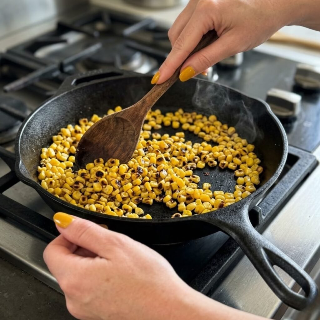 Instructional close-up showing the essential step of dry-charring corn to add a smoky, sweet depth to the street corn pasta salad.
