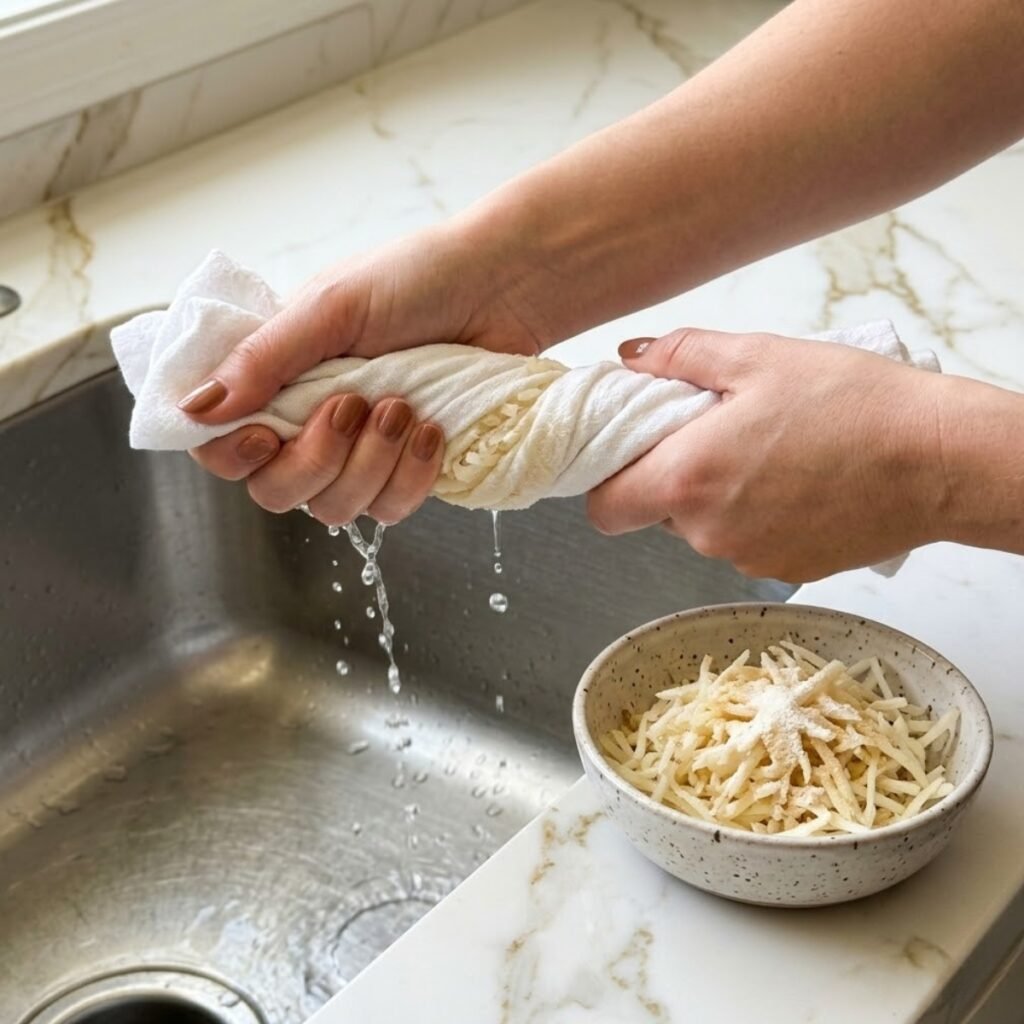 Instructional close-up showing the crucial step of squeezing moisture from grated potatoes to ensure a crispy, golden-orange crust.