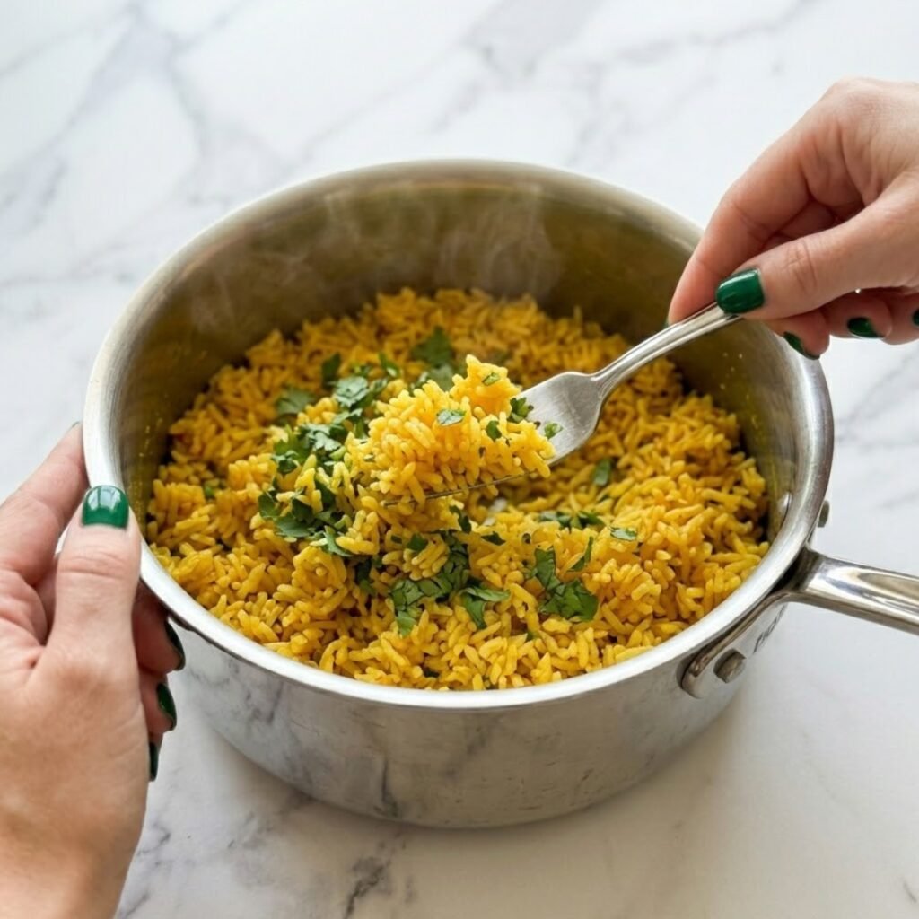 Showcasing the fluffy, vibrant yellow rice after it has absorbed the turmeric broth and is tossed with fresh herbs.