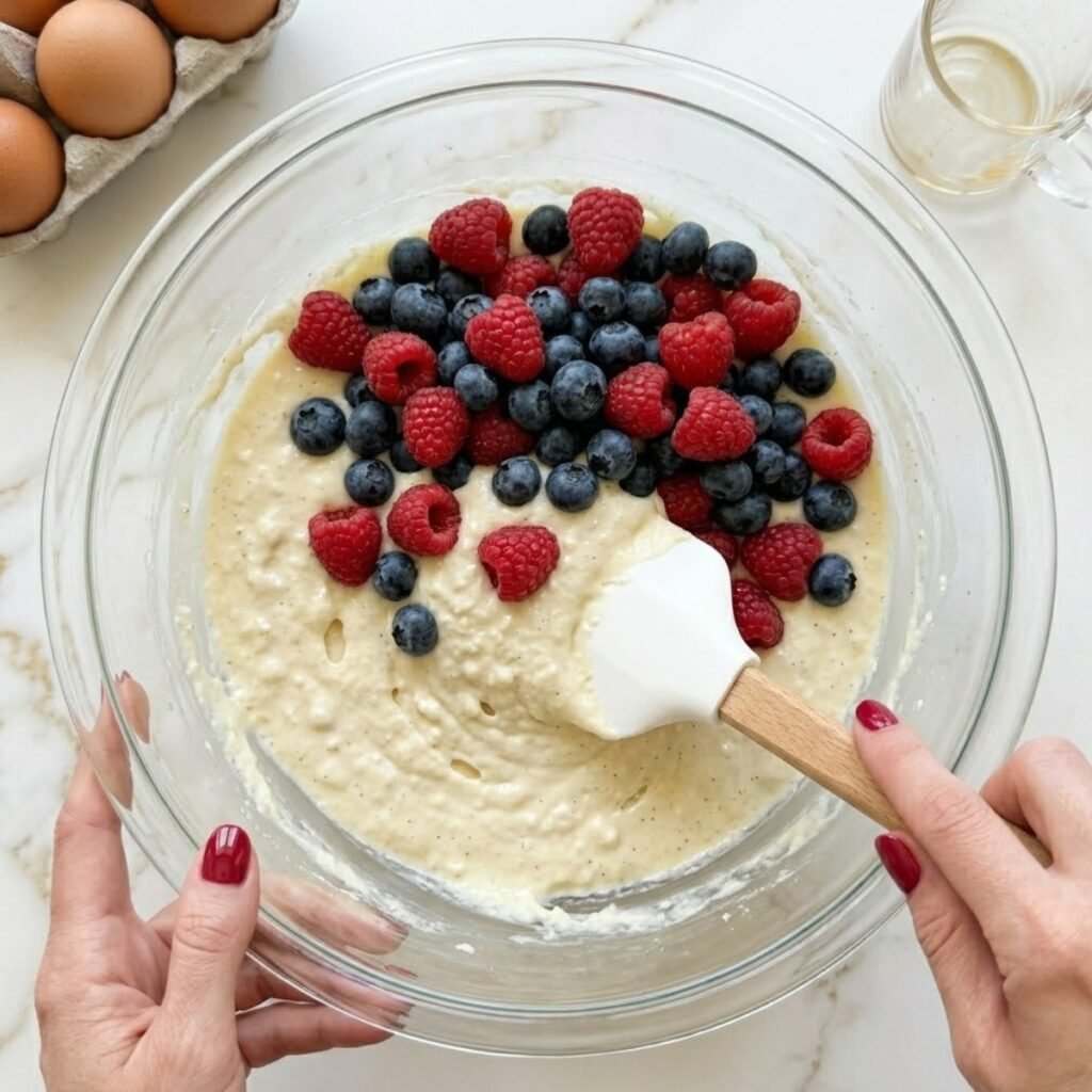 A detailed shot illustrating the gentle folding technique used to distribute fresh berries throughout the batter without staining it pink.