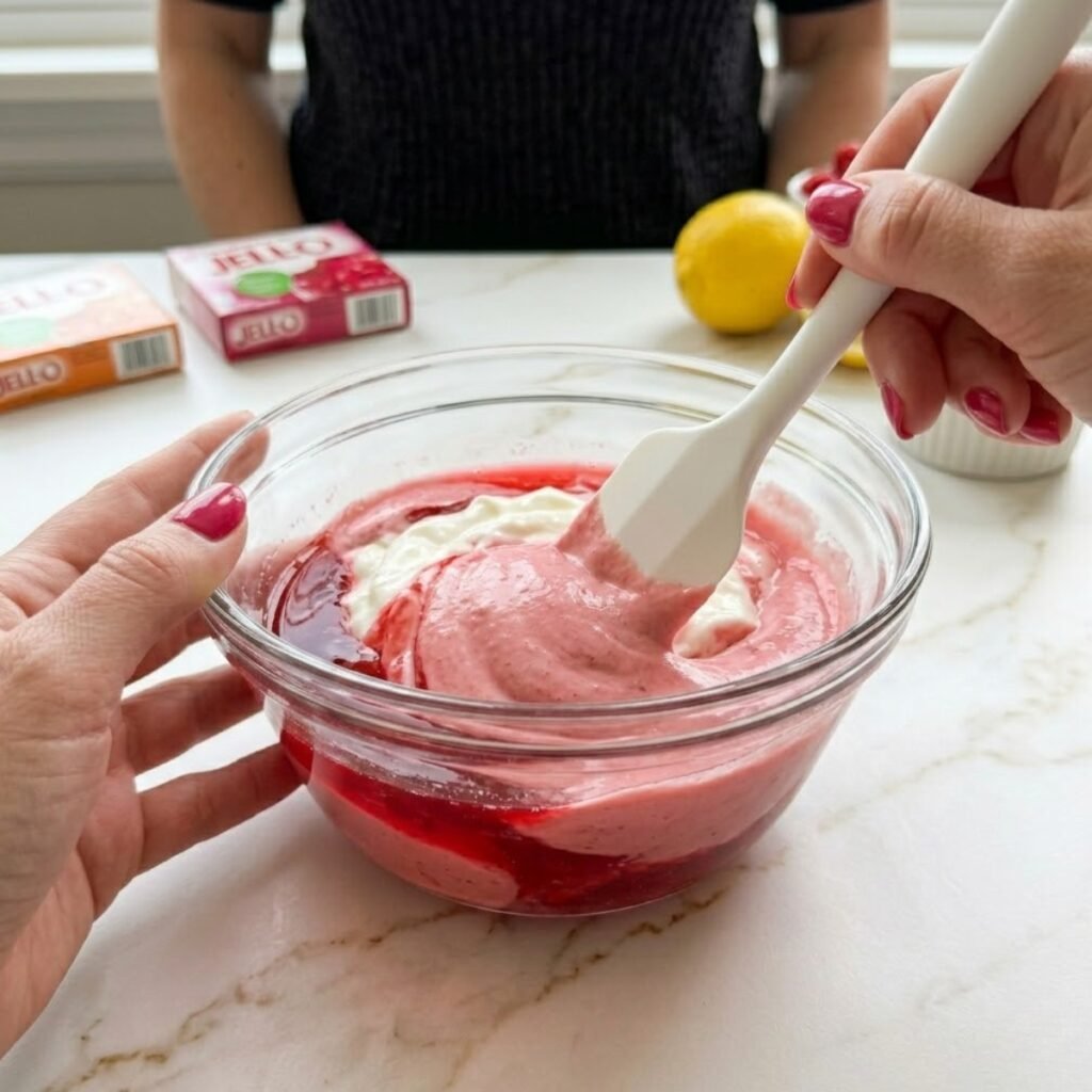 A detailed shot illustrating the folding technique used to combine Greek yogurt with the jello base for a light and airy mousse consistency.