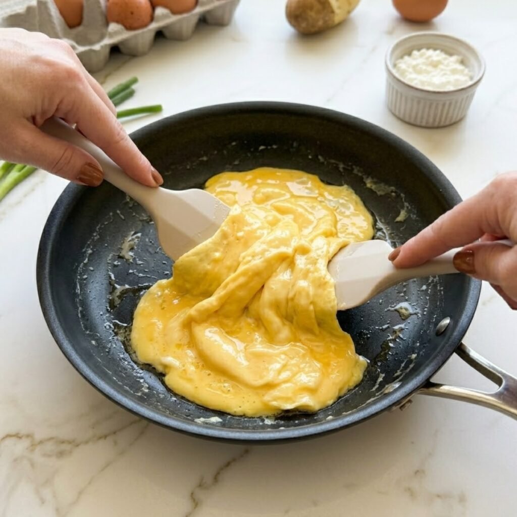 Illustrating the gentle folding technique used to create large, soft, and pillowy scrambled egg curds.