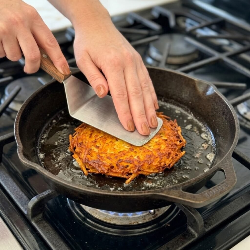 A detailed action shot capturing the hash brown patties developing their signature firm, crisp edges in a hot pan.