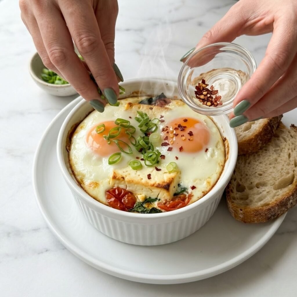 Illustrating the final step of adding fresh green onions and spices to the hot Baked Feta Eggs for a pop of color and flavor.