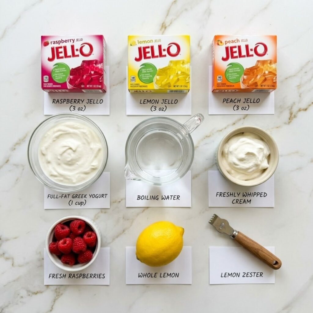 A professional mise en place shot showcasing the vibrant jello boxes, creamy Greek yogurt, and fresh garnishes needed to create a trio of light, flavorful mousse desserts.