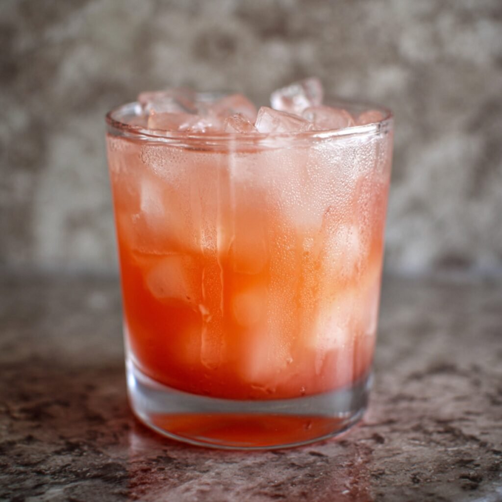 A condensation-beaded rocks glass filled with a beautiful ombre guava white tea lemonade, graduating from a deep coral orange at the base to a soft blush pink at the top, packed with ice cubes, set on a speckled gray and rose granite surface with a softly blurred stone-textured background.