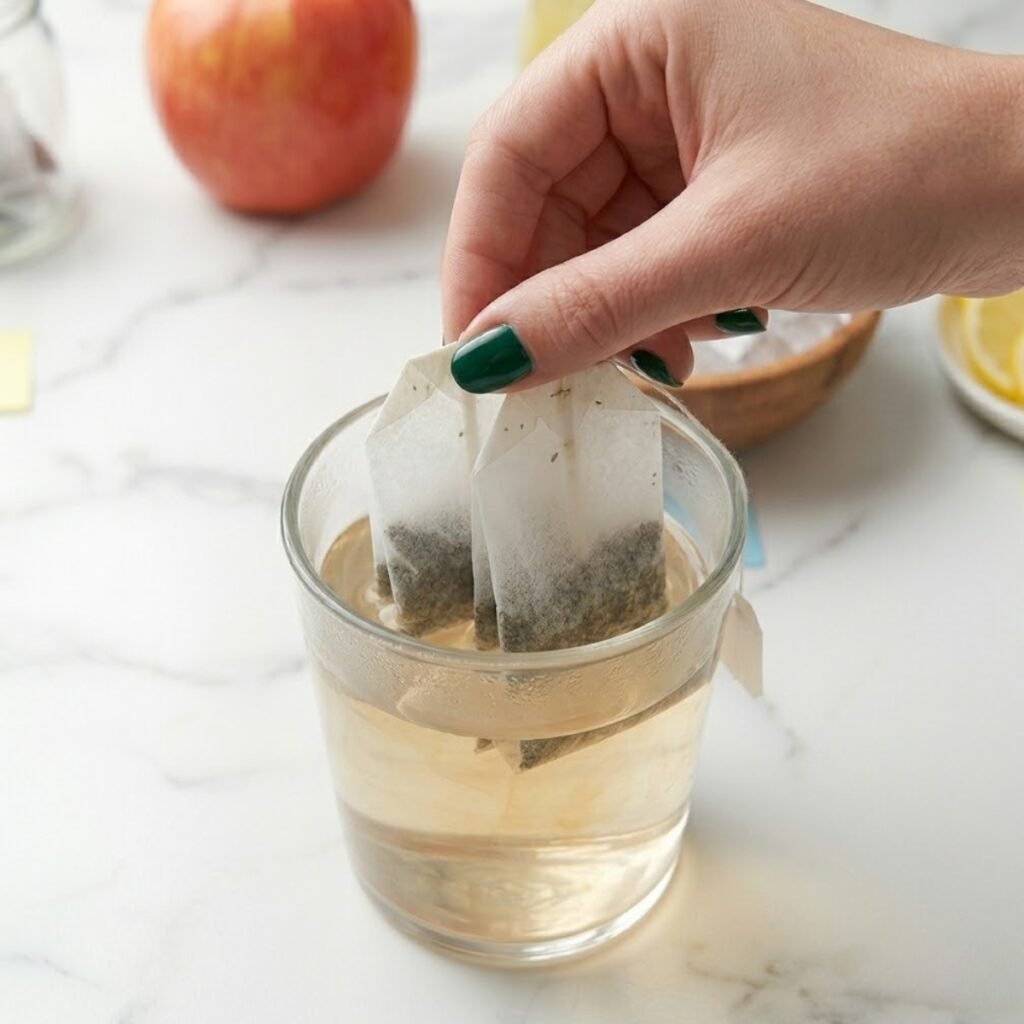 Woman with emerald green nails steeping white tea bags in a glass of hot water.